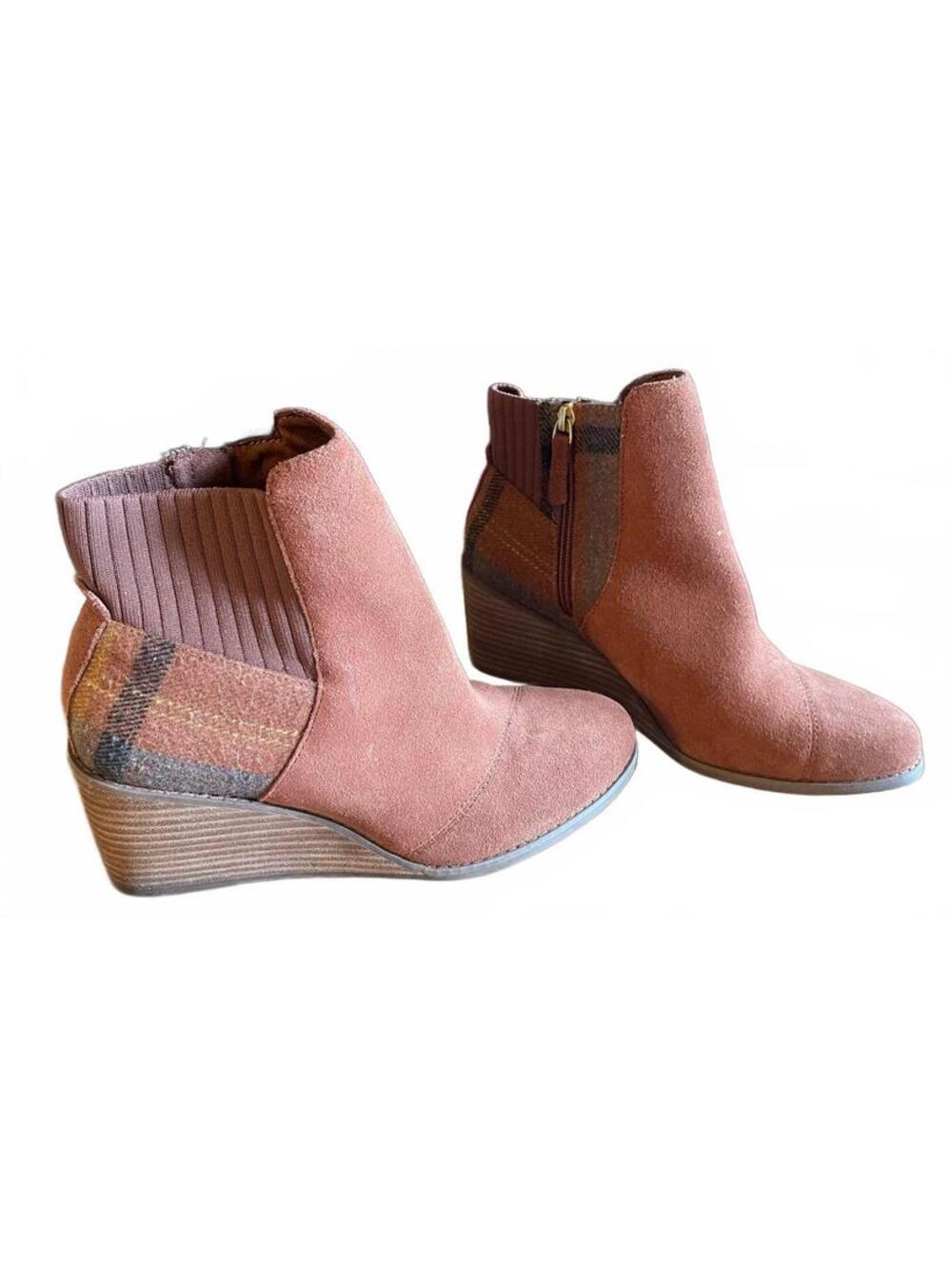 TOMS Women's Suede Wedge Ankle Boots with Plaid Detail Size 8.5
